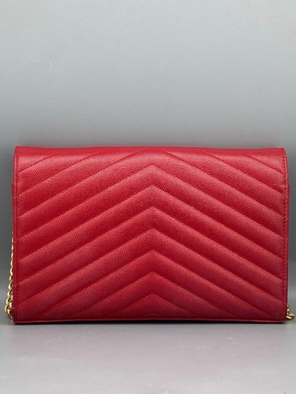 Yves Saint Laurent Red Quilted Chevron Leather Clutch with Gold Chain